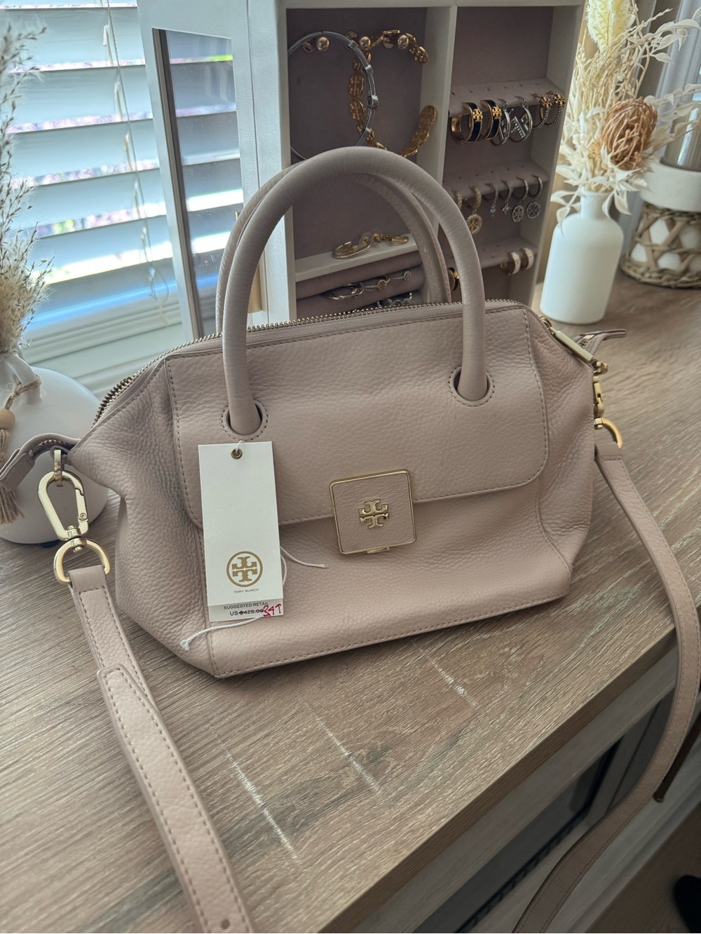 Tory Burch Light Blush/Nude Leather Top-Handle Satchel with Gold Hardware